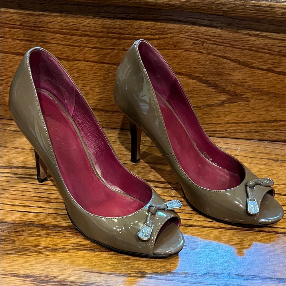 Cole Haan Taupe Patent Leather Peep-Toe Heels with Pink Lining
